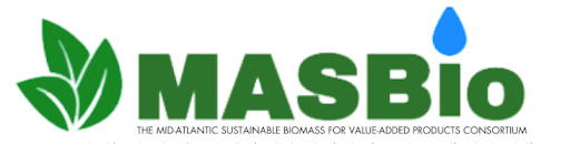 Logo with the text "MASBio" prominently displayed in bold, green letters. To the left of the text, there are three stylized green leaves, suggesting an emphasis on nature or sustainability. Above the letter "i" in "MASBio," there is a small, blue teardrop shape, adding a visual accent. Below the main text, a smaller line of text reads, "THE MID-ATLANTIC SUSTAINABLE BIOMASS FOR VALUE-ADDED PRODUCTS CONSORTIUM