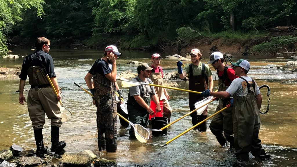 FWCB students in the field in a stream
