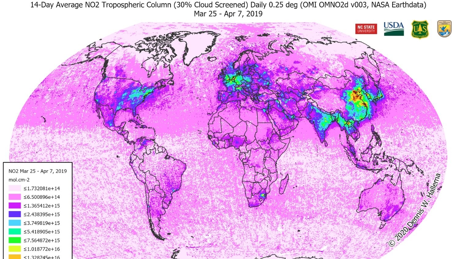 World map of nitrogen dioxide air pollution in 2020 - In Wake of Global Shutdowns, Researchers Expect Water Quality to Improve - Forestry and Environmental Resources NC State University