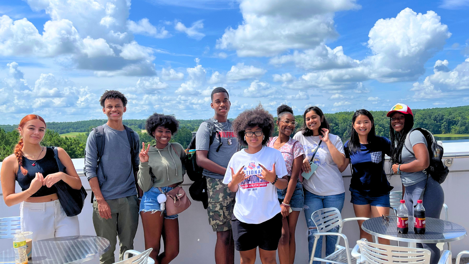 High school research group photo on a terrace - CNR High School Summer Research Program - Forestry and Environmental Resources at NC State University