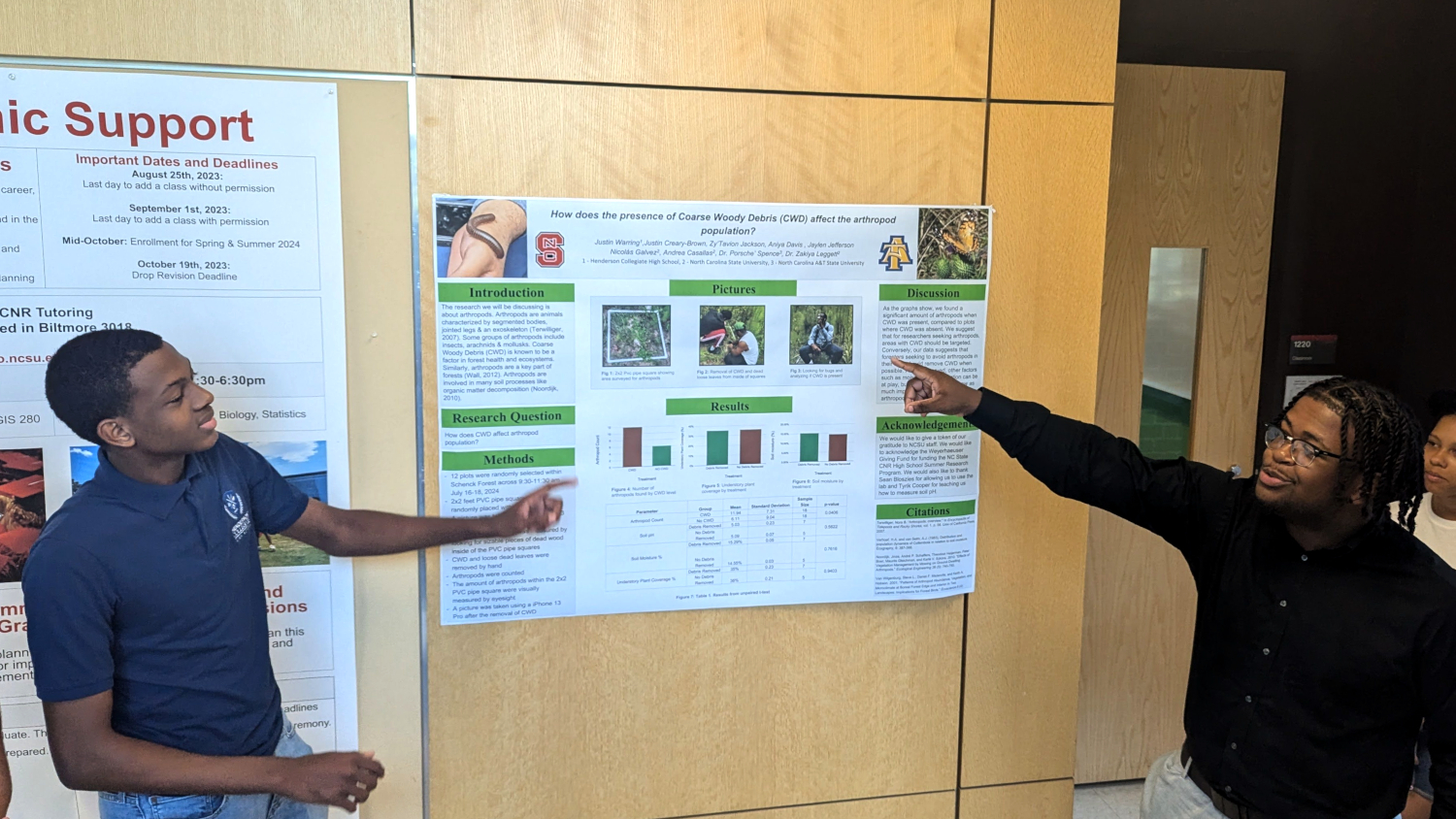 Two students presenting on the presence of Coarse Woody Debris - High School Research - Forestry and Environmental Resources NC State University