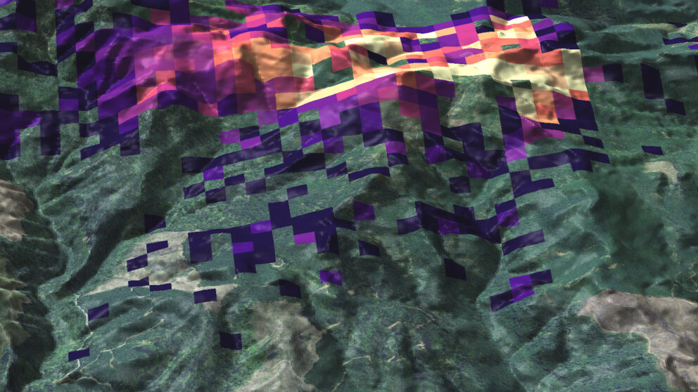 colorful computer simulation of pathogen spread across a landscape