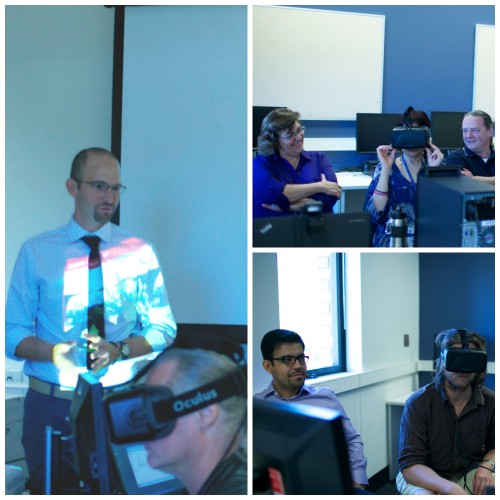 Three images of users trying an Oculus Rift virtual reality headset during a UniSA workshop