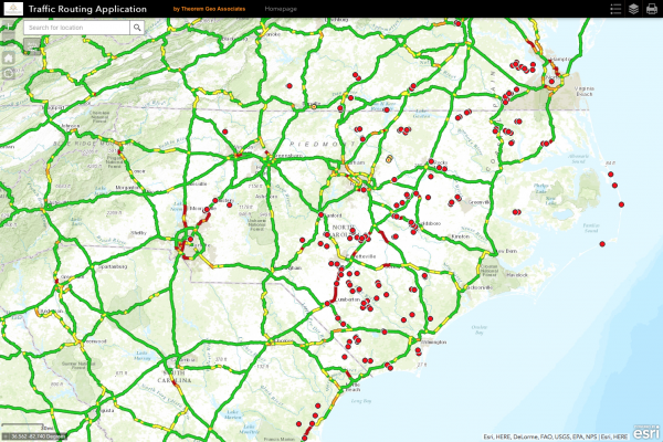 A screenshot of a traffic routing web application displaying road closures after Hurricane Matthew