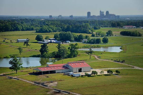 A photo pastures and the Beef Unit barn at North Carolina State University with downtown Raleigh in background