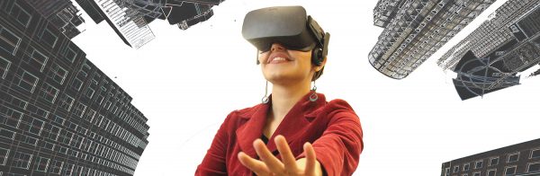A user in an immersive virtual environment resembling a city