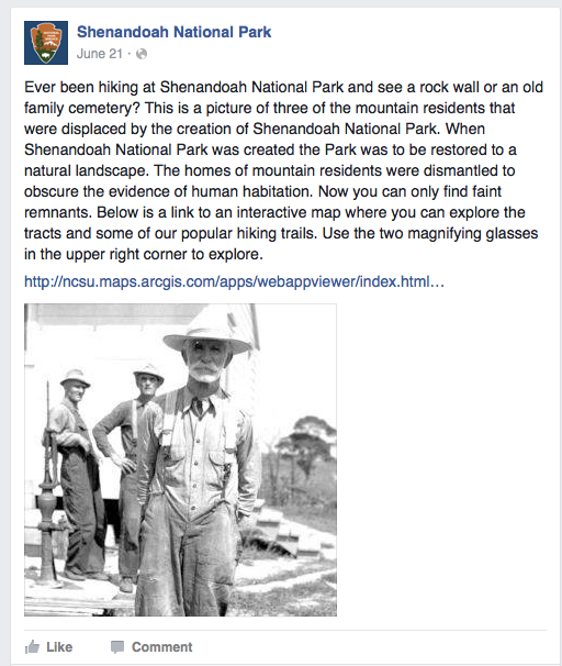 An image of a Shenandoah National Park Facebook Post