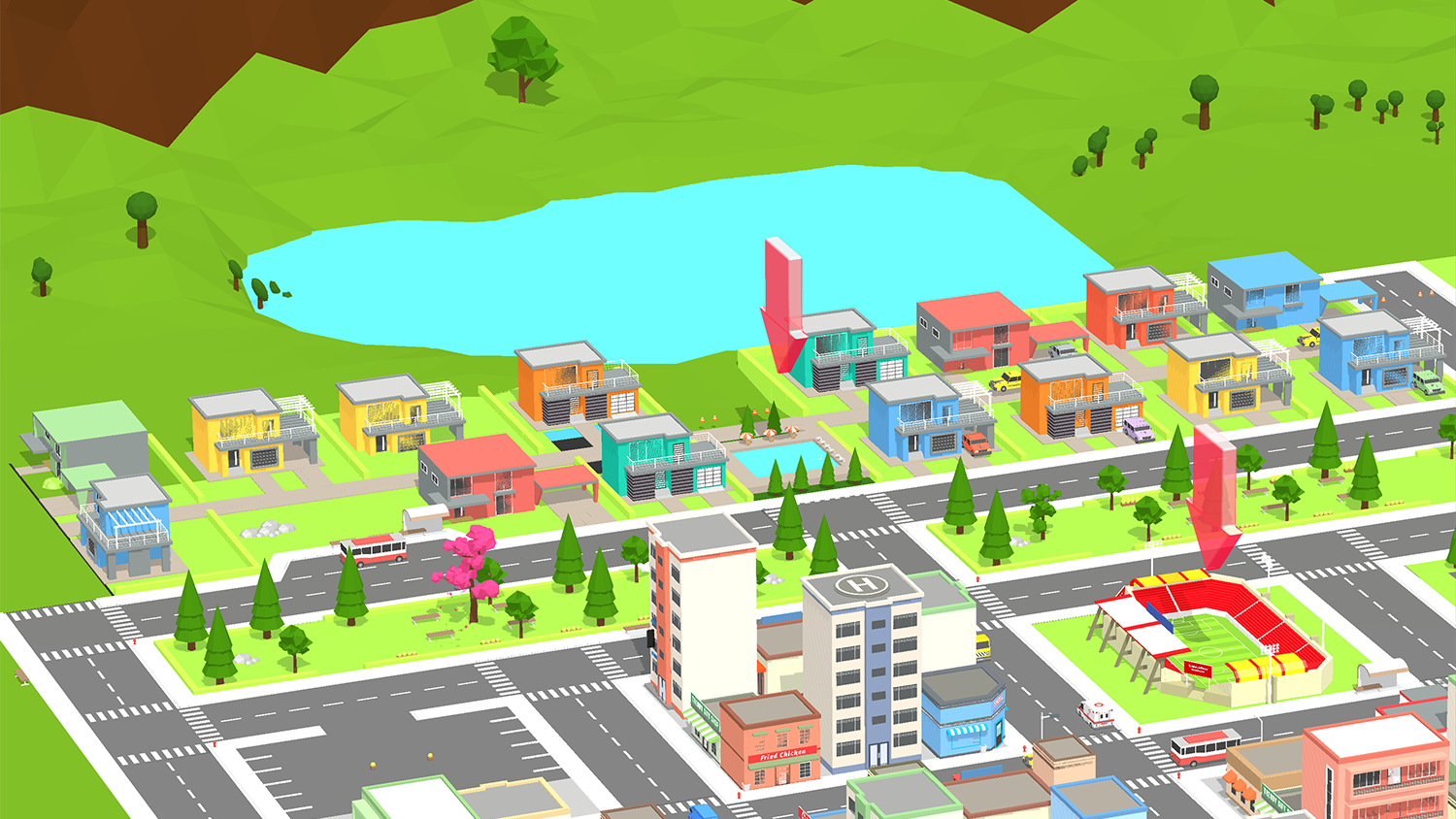 game interface that shows a range of colorful buildings in an imaginary city