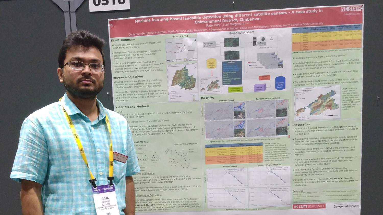 Raja Das stands next to his poster - Observing Landslide Events from Multi-Satellite Sensors - Center for Geospatial Analytics at NC State University