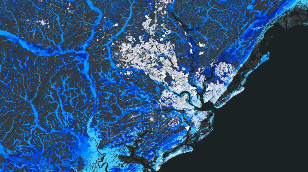 A blue and white image displaying projected flood risk in Charleston