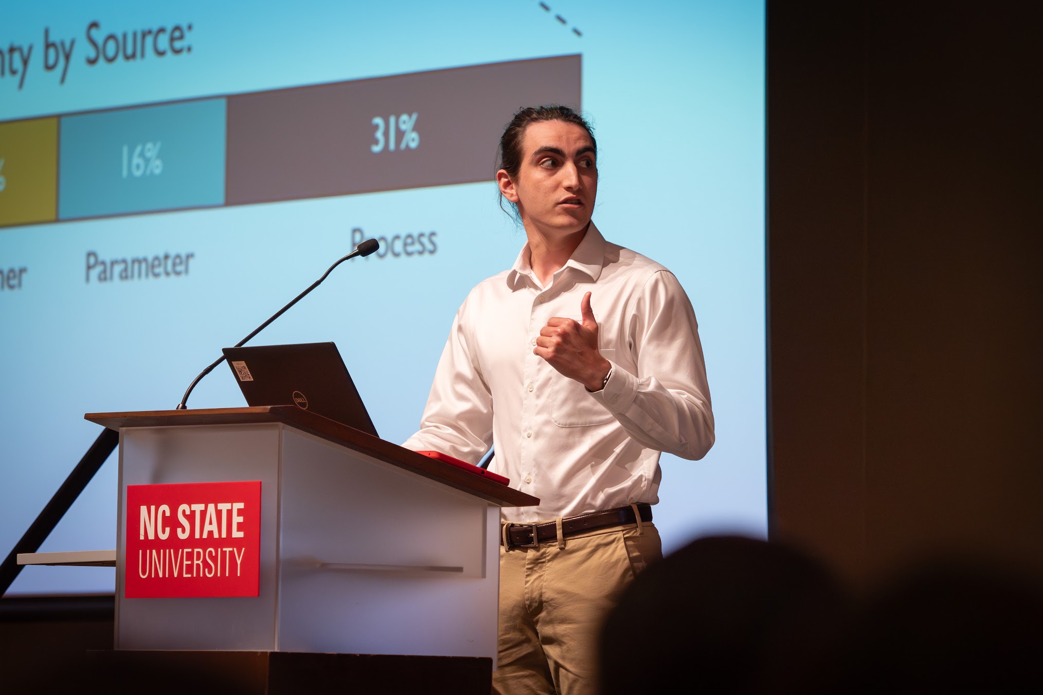 Eli Horner presents at the College of Natural Resources Graduate Research Symposium in March 2024