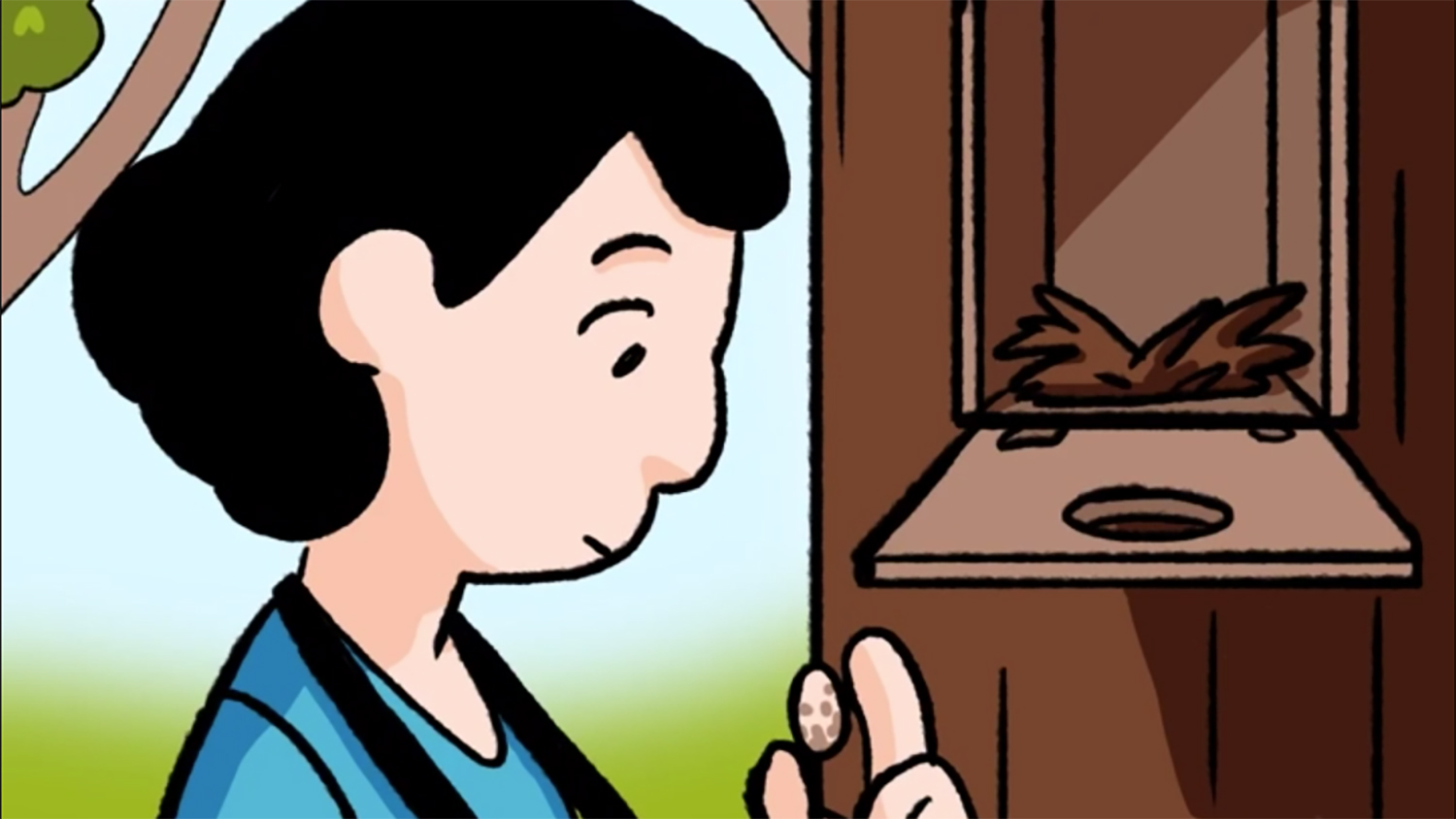 Animated woman looks at house sparrow eggs