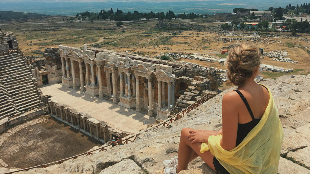 Student looking at Roman temples in Turkey