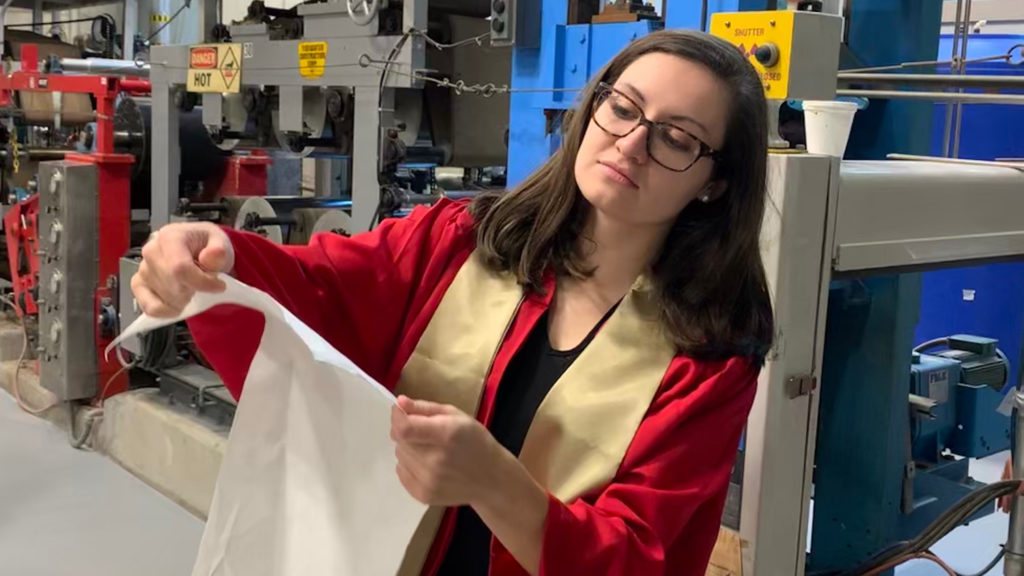 Lindsay Leonard in the paper pilot plant -Graduation to Vocation: Impacting Lives through Process Engineering
