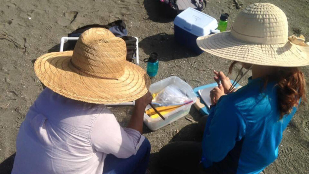Jashira and Yasmín Detrés work on coastal survey on beach