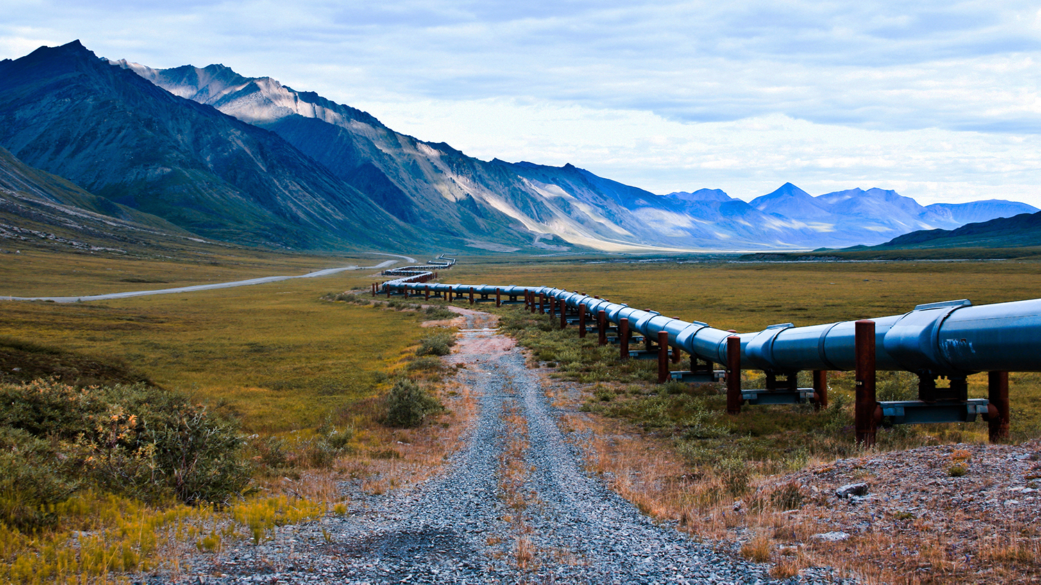 An image of the trans-alaskan oil pipeline that carries oil from the northern part of Alaska all the way to valdez. this shot is right near the arctic national wildlife refuge.