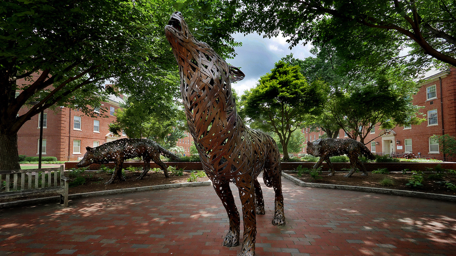 The copper wolves at Wolf Plaza. Photo by Marc Hall