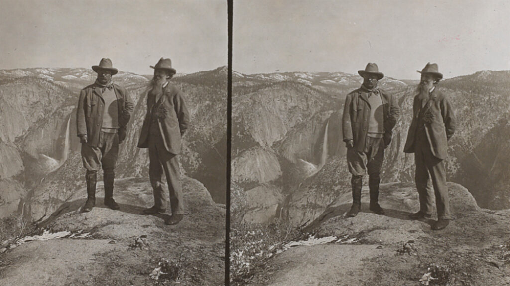 Theodore Roosevelt and John Muir at Glacier Point, Yosemite Valley, California in 1903.