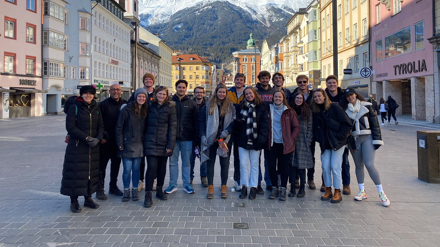A group of NC State students standing in the city of Innsbruck, Austria