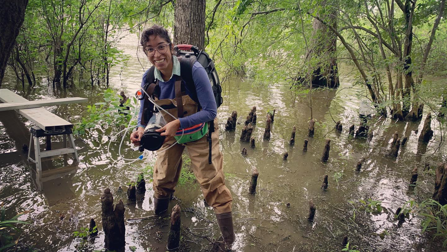 NC State alumnus Melinda Martinez samples methane in the water at Cypress Creek National Wildlife Refuge in Illinois - Forestry Alumni Melinda Martinez Recognized with Sulzman Award - College of Natural Resources News NC State University