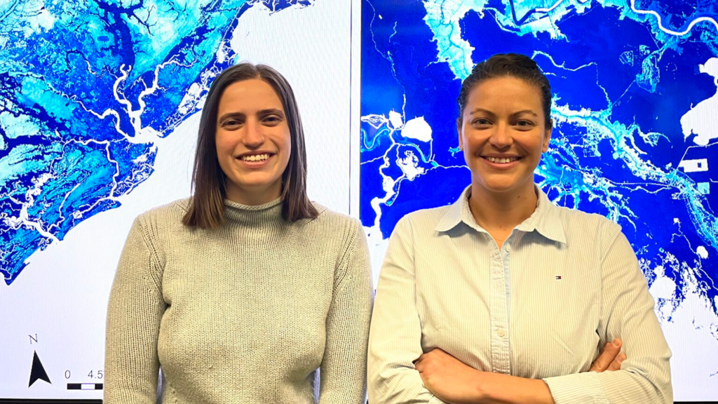 Georgina Sanchez (right) and Elyssa Collins (left) at NC State's Center for Geospatial Analytics