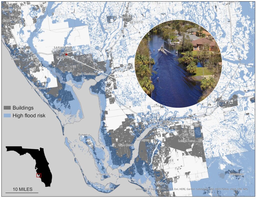 Map showing proximity of developments to high-risk flood zones in North Point, Florida.