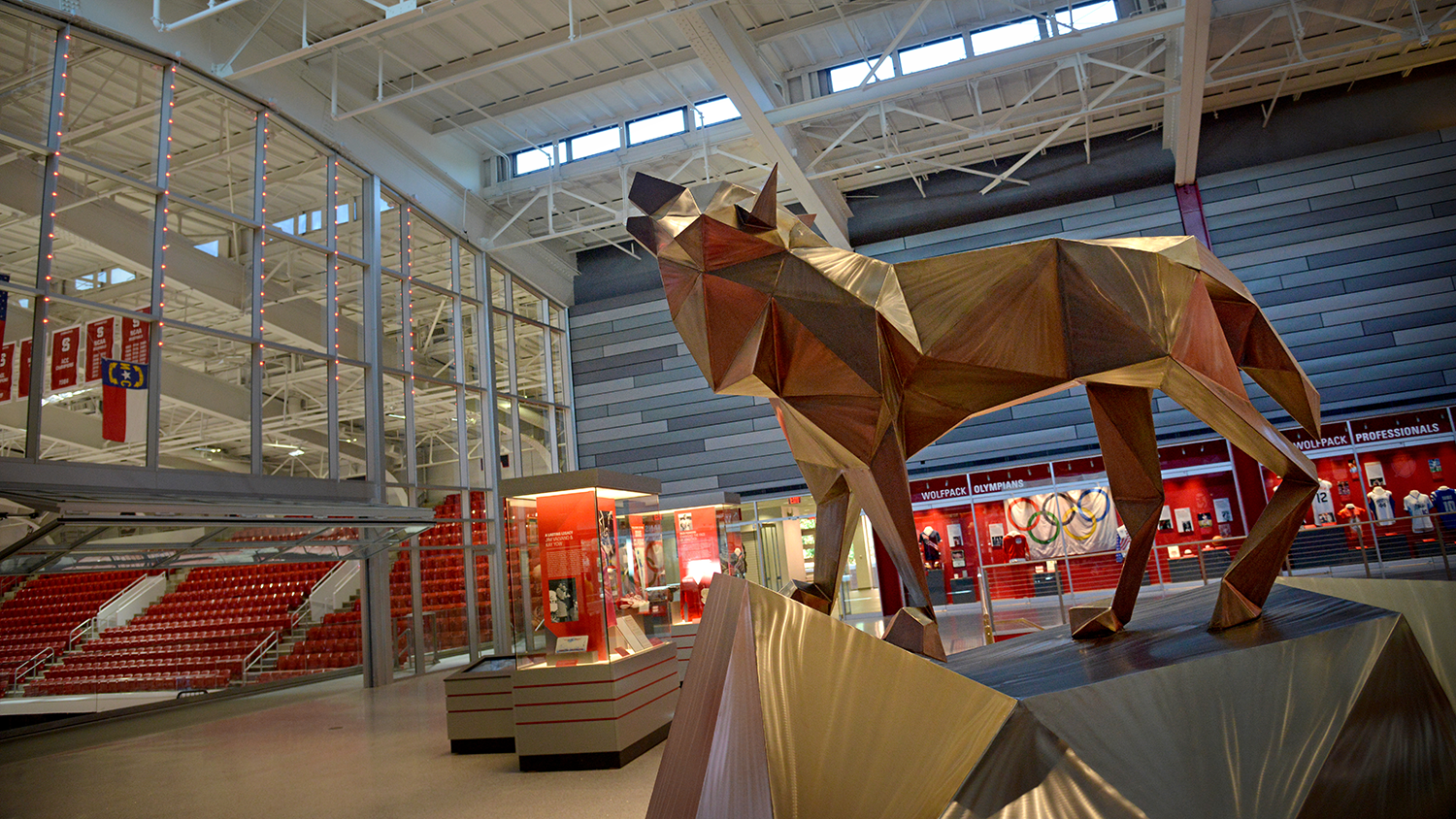 Close-up of metal wolf sculpture in the Reynolds Coliseum Walk of Fame - NC state Professor Part of Global Initiative to Make Sports More Sustainable - College of Natural Resources News NC State University