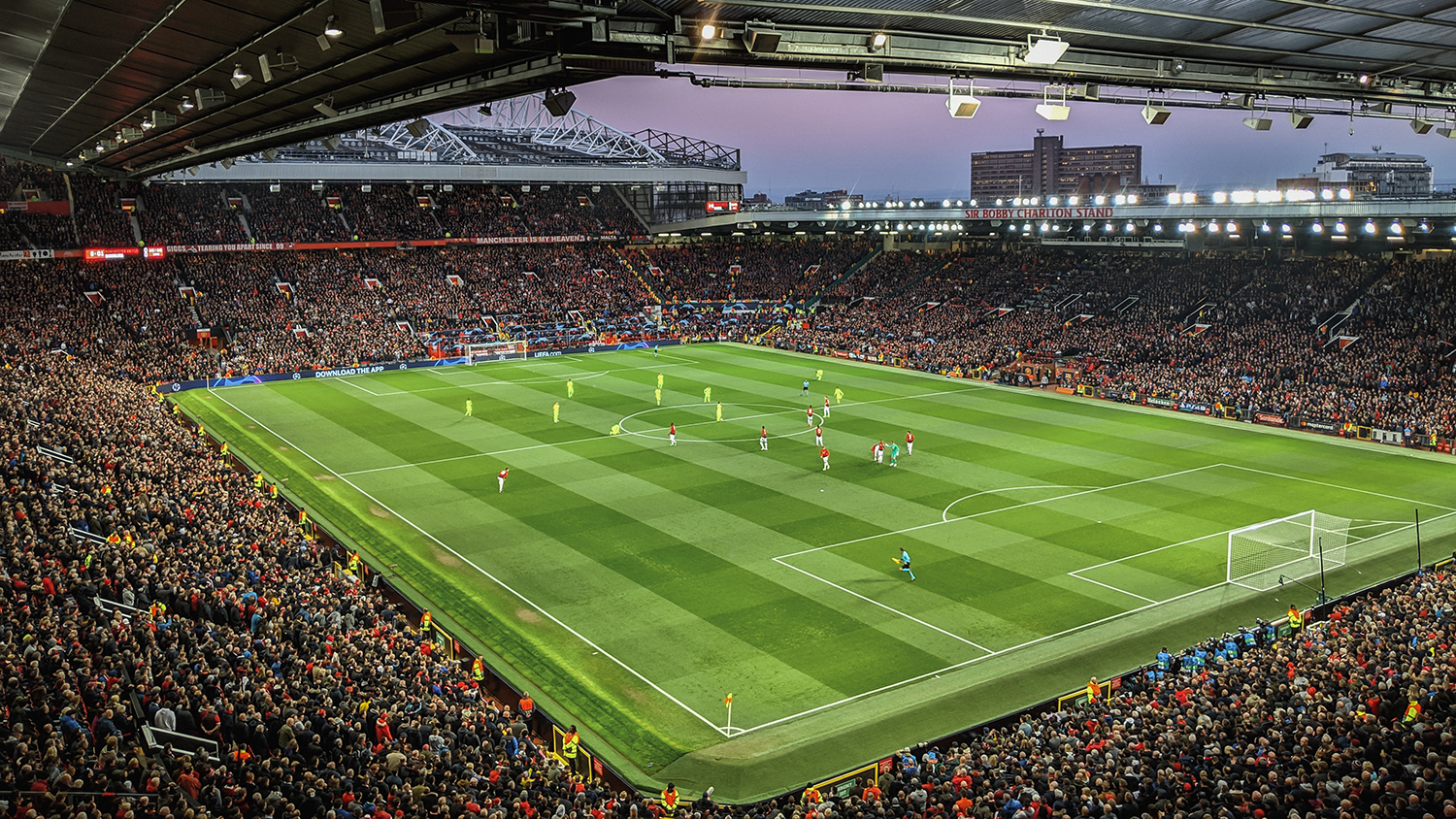 Wide-angle view of Old Trafford stadium in Old Trafford, Greater Manchester, England.