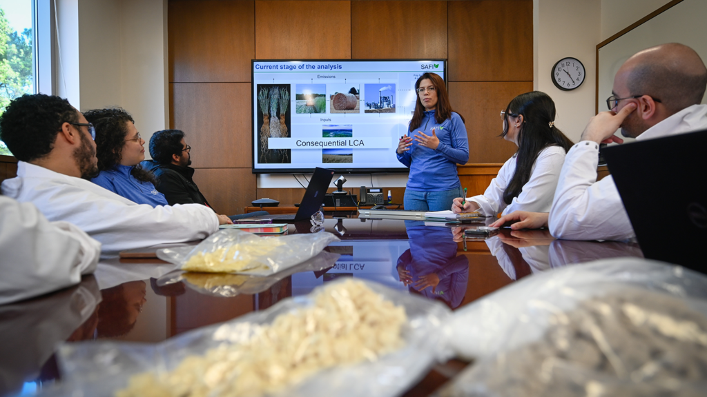 Researchers from the Department of Forest Biomaterials at NC State discuss the life cycle analysis of different fibers. Photo provided