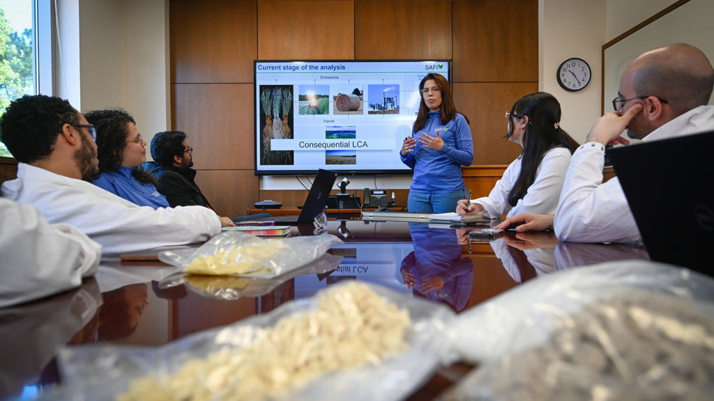 Researchers from the Department of Forest Biomaterials at NC State discuss the life cycle analysis of different fibers. Photo provided