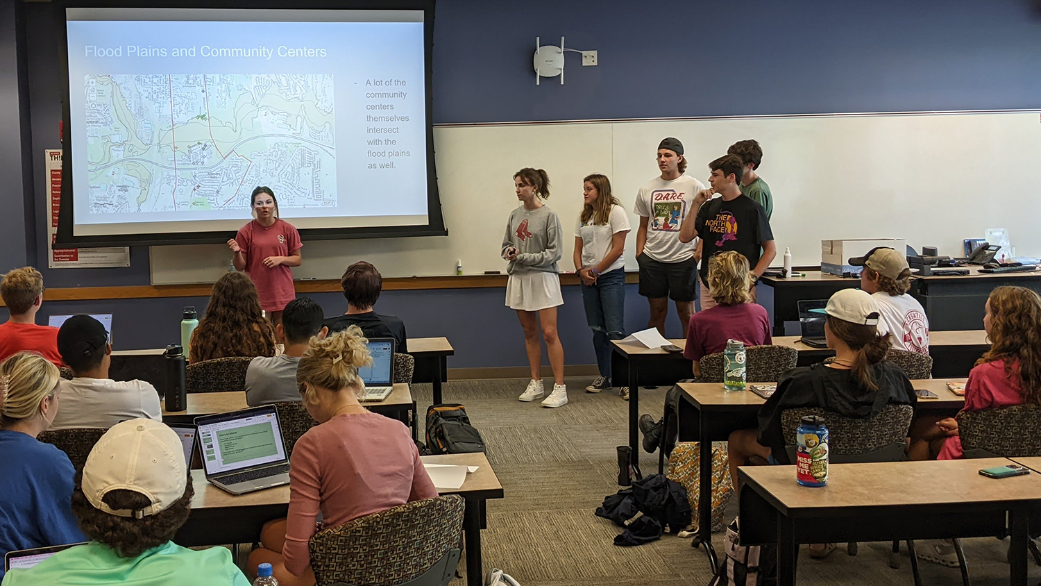 A group of NC State students present their research at the front of a classroom