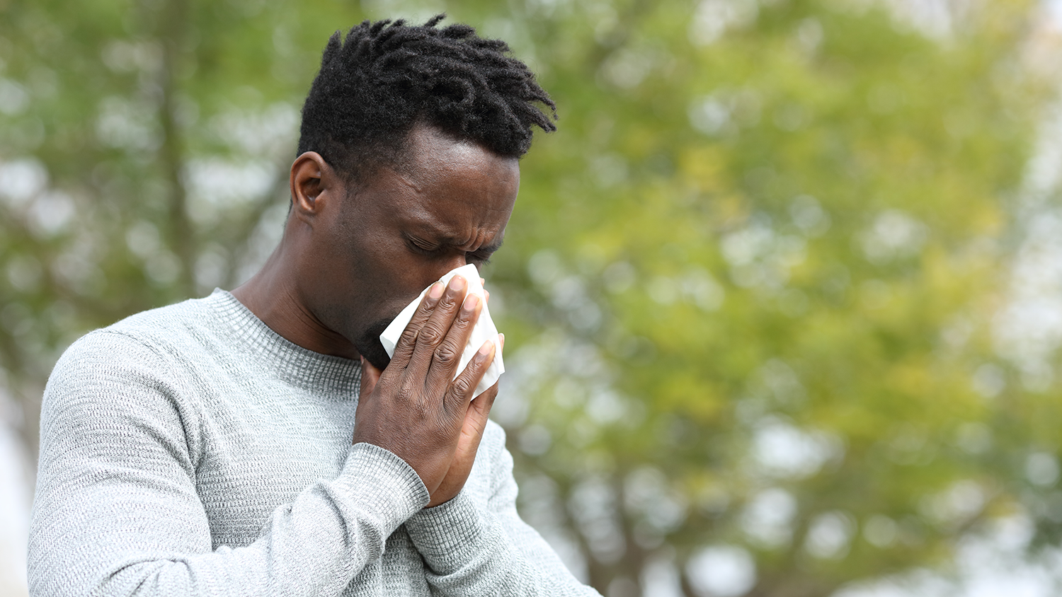 Person blowing their nose on a wipe in a park - Allergy Season is Getting Worse - Thanks to Climate Change - College of Natural Resources News NC State University