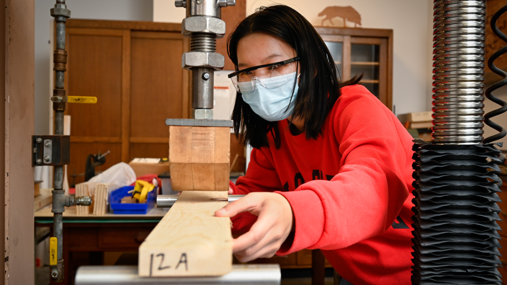 Skye Pham working in the Hodges Wood Products Laboratory