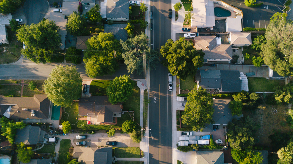 An aerial view of houses.