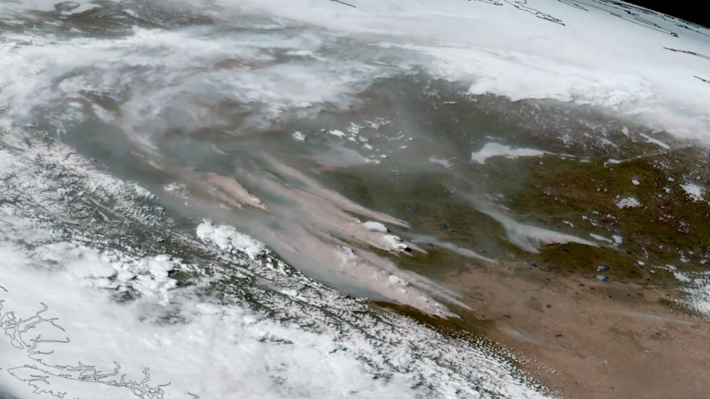 A satellite image of the smoke from the wildfires in Canada. 