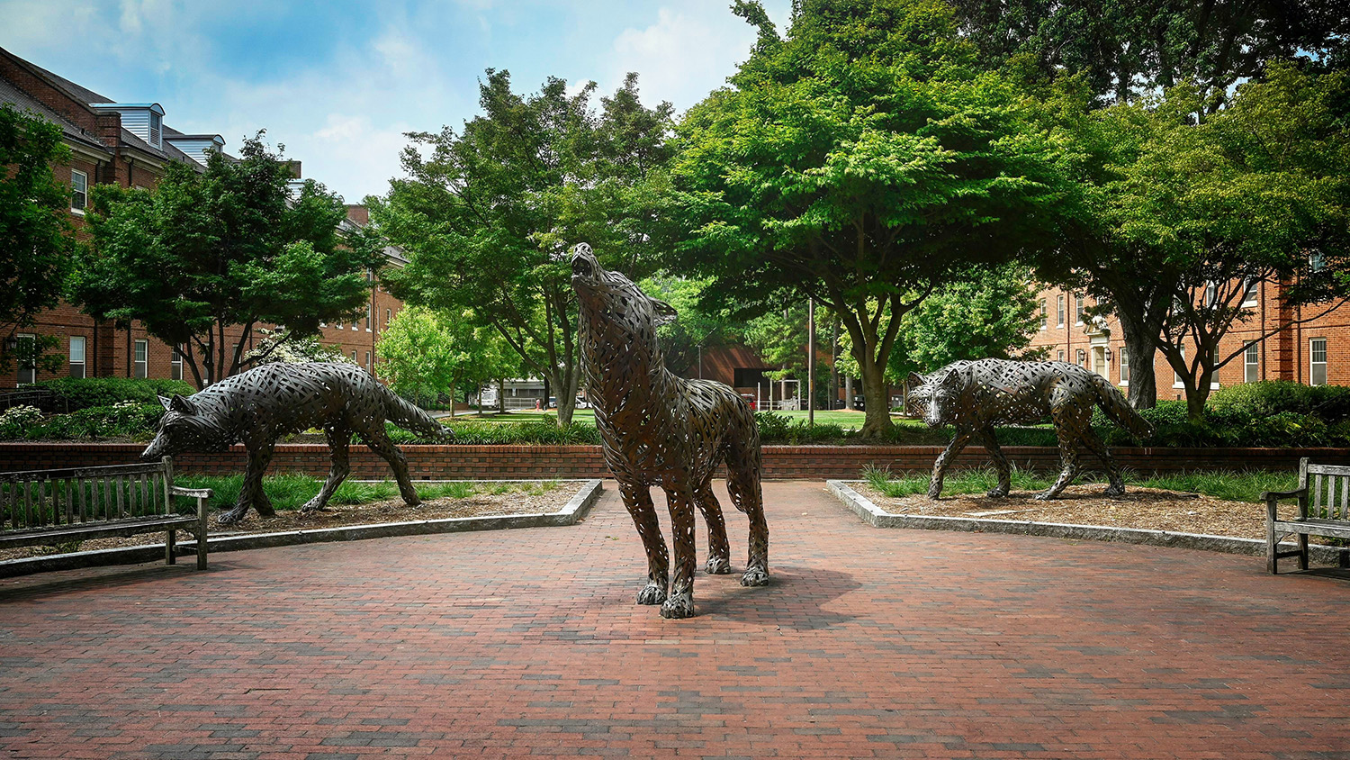 The copper wolves at Wolf Plaza near Talley on main campus.