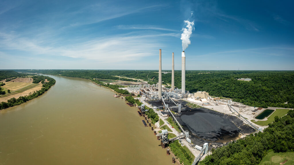 Aerial view of a coal-fired power plant by the Ohio River.