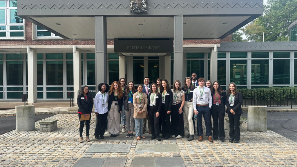 Students pose outside British Embassy