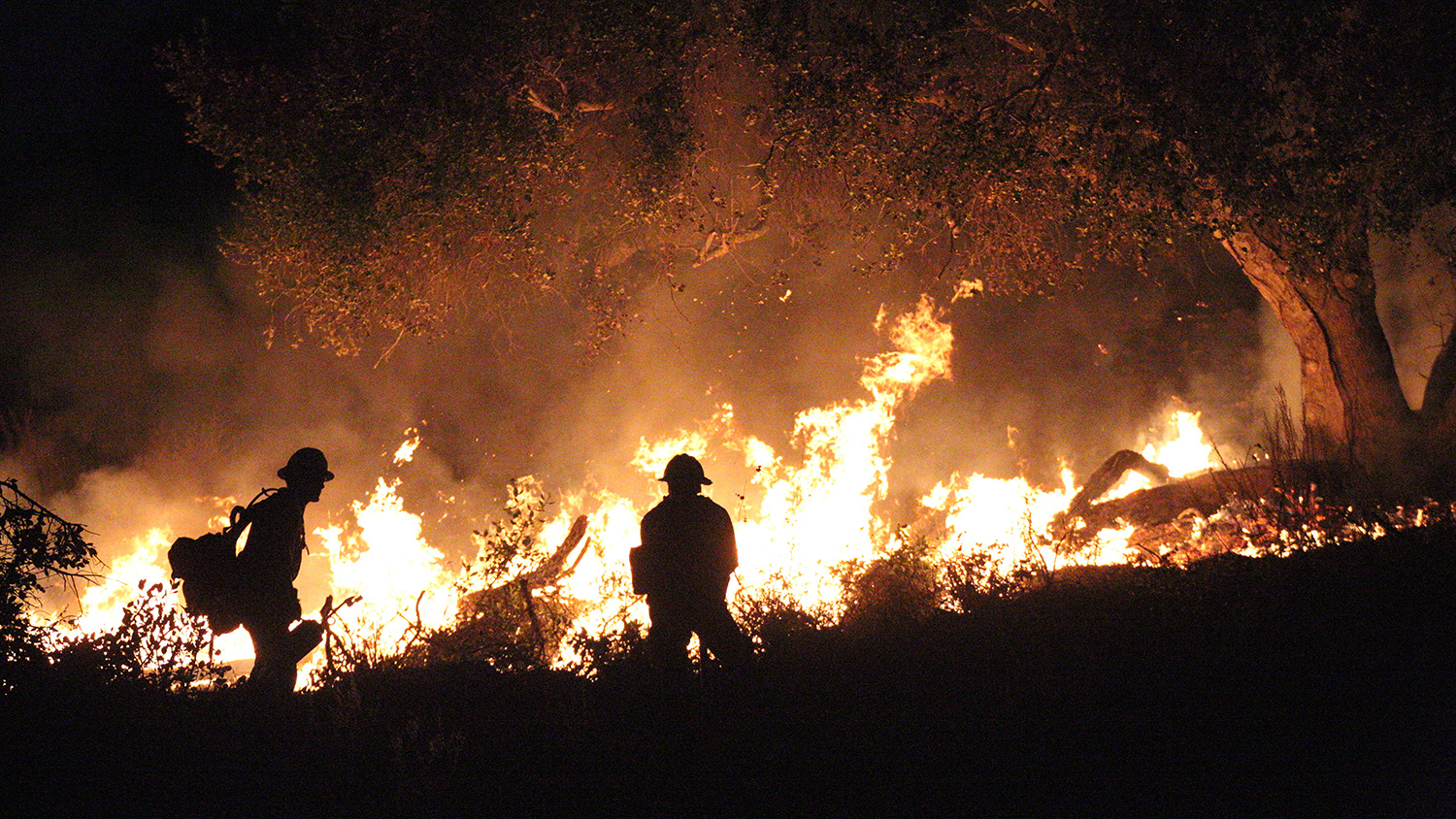 Two individuals stand in front of a wildfire.