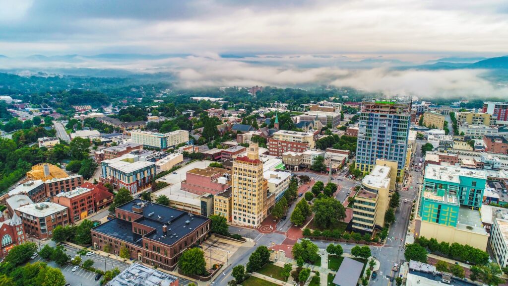 Aerial view of downtown Asheville, North Carolina.