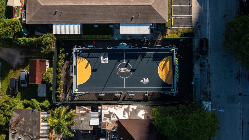 An aerial view of a soccer mini-pitch.