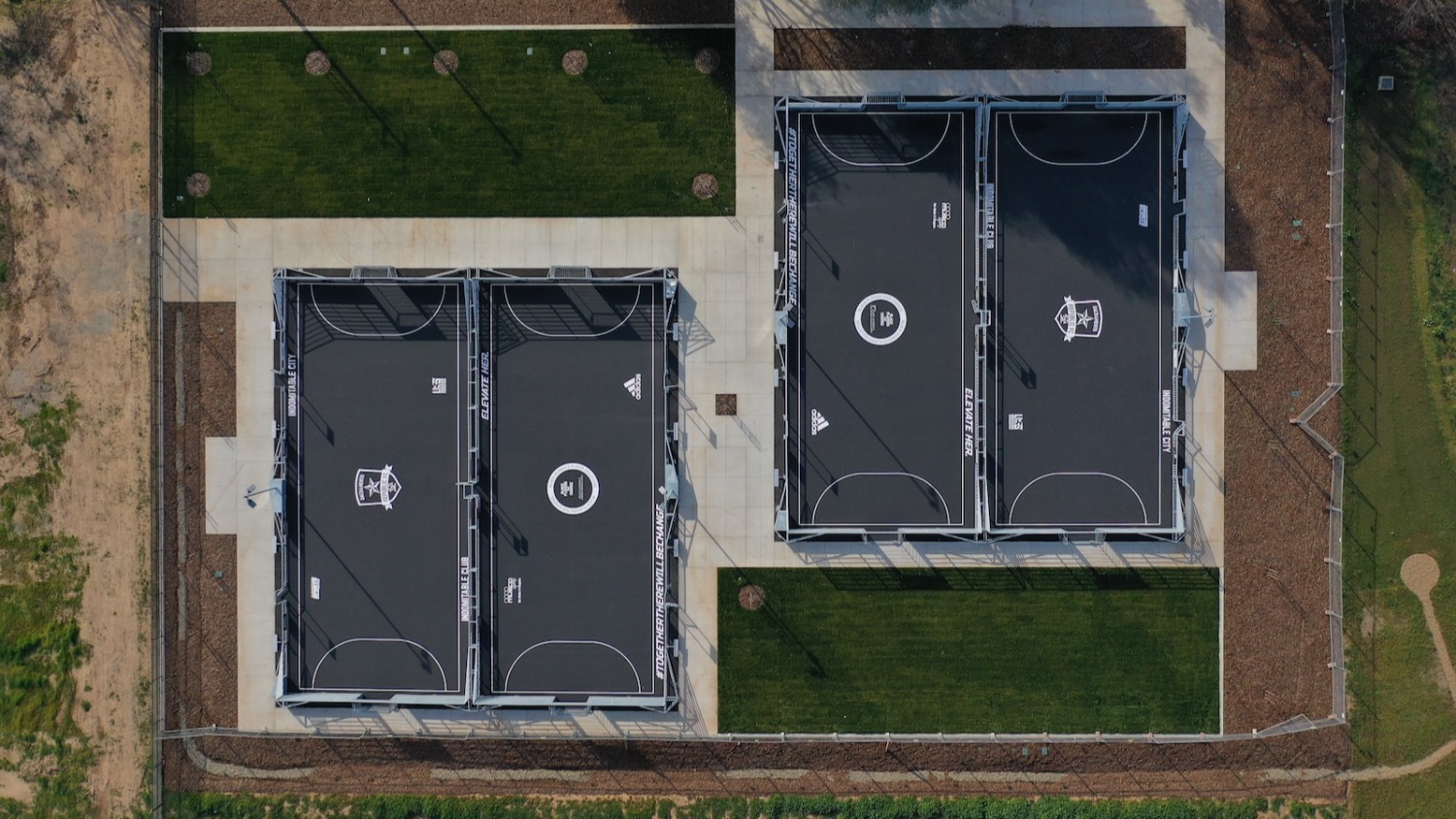 An aerial view of two soccer mini-pitches.