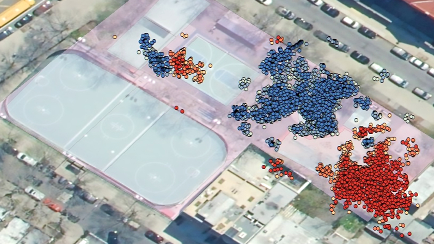 Map of a Brooklyn playground showing areas of high and low youth activity - Introducing the Center for Geospatial Analytics' New Associate Director of Social and Behavioral Science Applications - Parks Recreation and Tourism Management NC State University