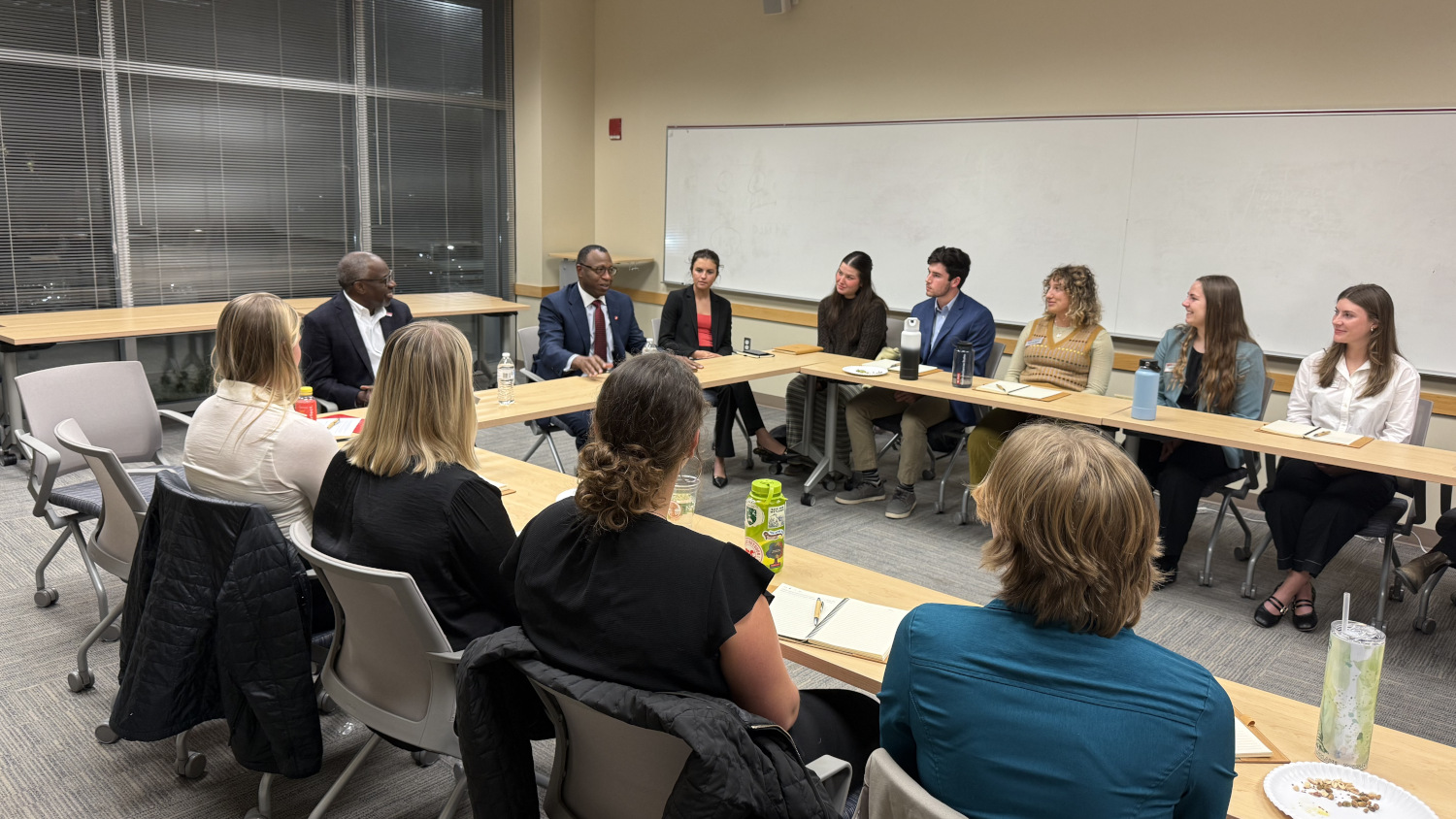 Chancellor Howell and students sit around a table in a roundtable meeting with Chancellor Howell. - College of Natural Resources at NC State University