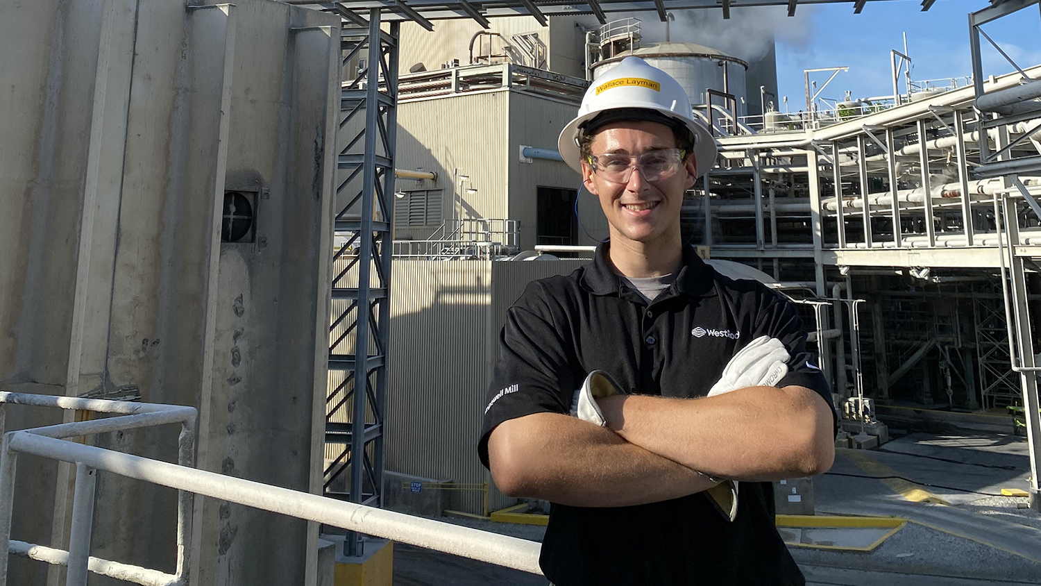 NC State student Wallace Layman posing for a photo at the WestRock facility in Virginia.