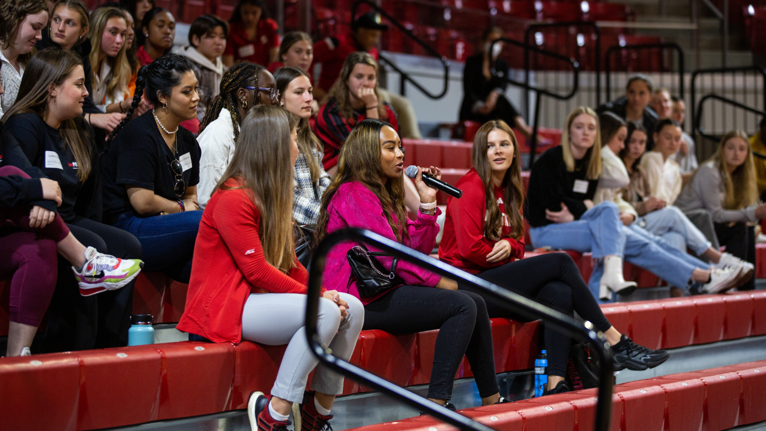 student in audience asks question - Women in Sport Leadership Summit Empowers Female Athletes and Students - College of Natural Resources News NC State University